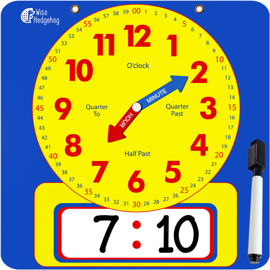 Magnetic Teaching Demonstration Dry Erase Clock | Large Kids Telling Time Learning Clock for Analog and Digital Time | Labelled Minute & Hour Hands | for School Classrooms & Homeschool Supplies
