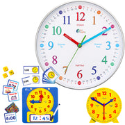 Learning Clock Bundle - Teaching Wall Clock & Teaching Time Activity and Game Set & Handheld Geared Teaching Clock