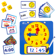 The Ultimate Telling Time Bundle - Learning Wall Clock & Large Demonstration Dry Erase Clock & Handheld Geared Teaching Clock & Teaching Time Activity and Game Set